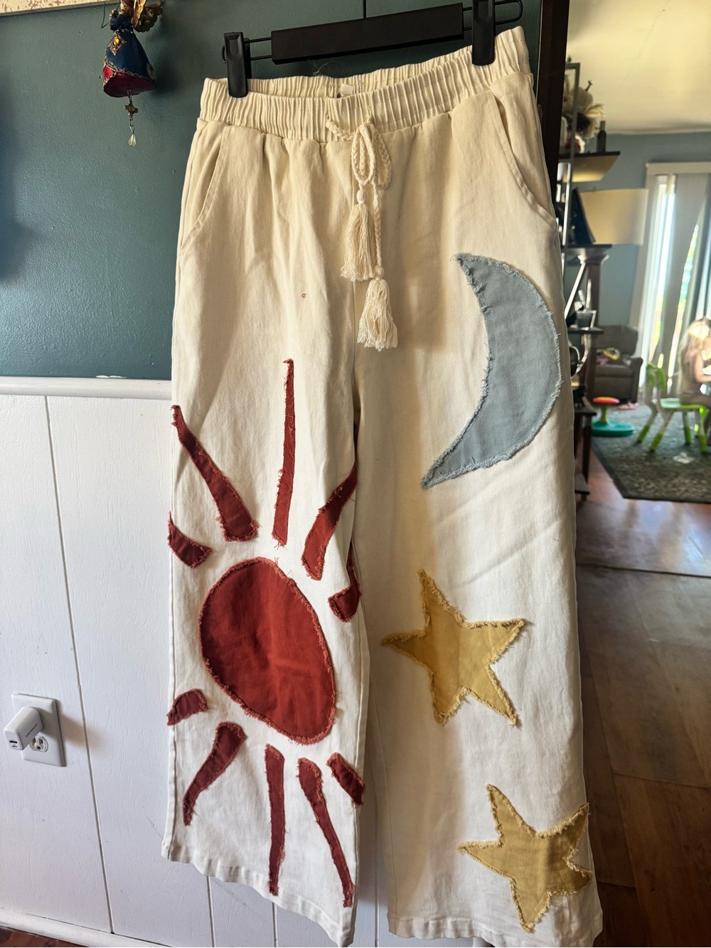 Handcrafted Cream Wide-Leg Pants with Sun, Moon & Star Appliqués